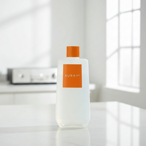 AuraHifi Plattenreiniger Reinigungsflüssigkeit Flasche mit Orangenem Aufkleber