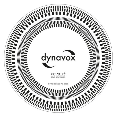 Stroboskopscheibe mit dynavox Logo und Frequenzen.