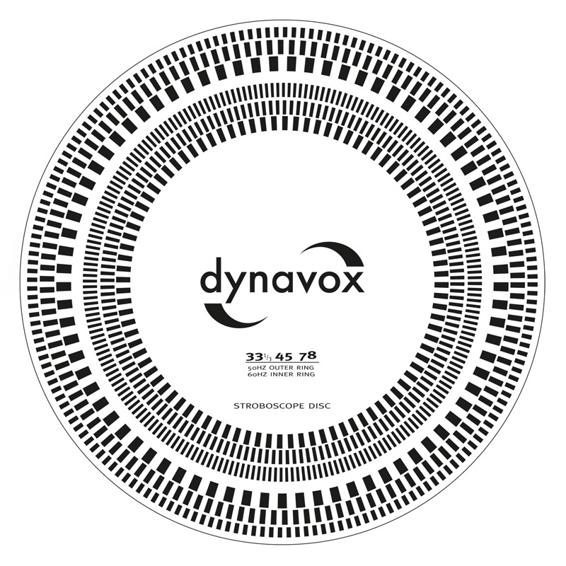 Stroboskopscheibe mit dynavox Logo und Frequenzen.