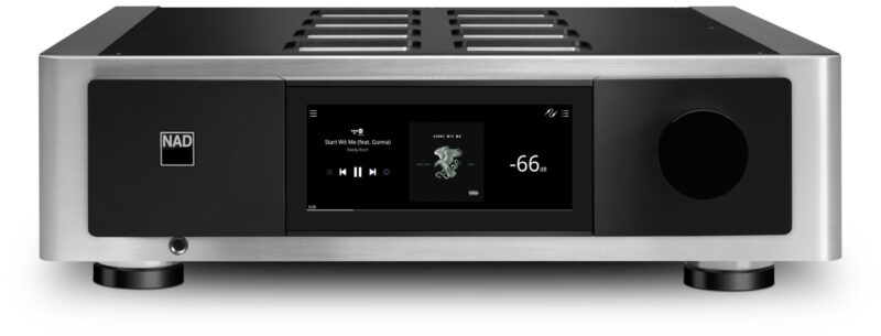 Audioverstärker mit Display in Silber und Schwarz.