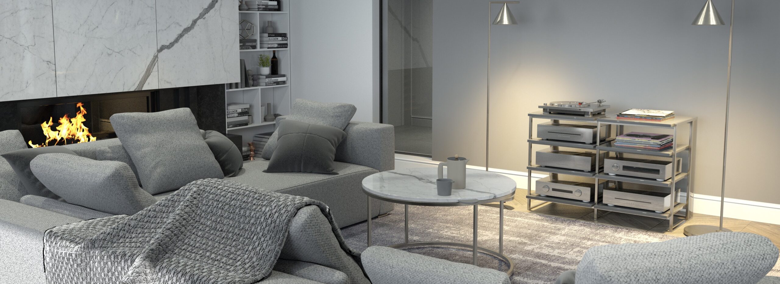 Modern Wohnzimmer mit Kamin.