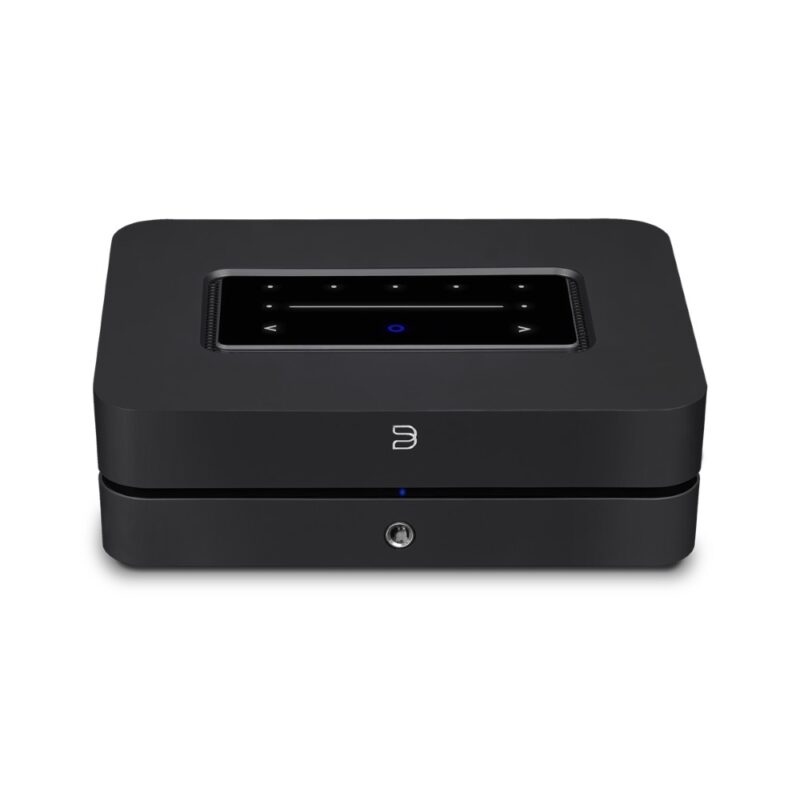 Schwarzer Audioplayer mit Touch-Oberfläche und Logo