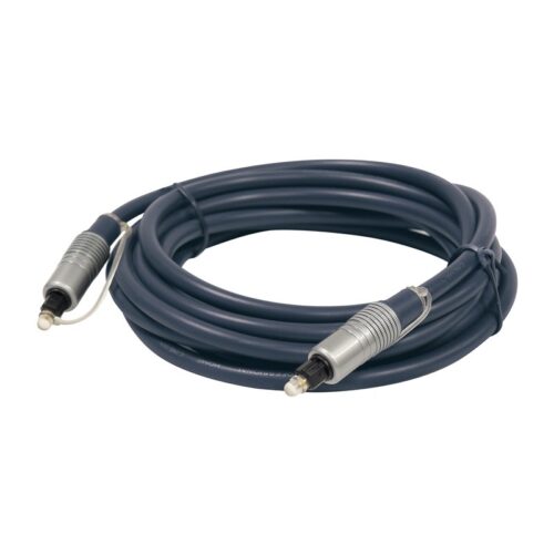 Optisches Audiokabel mit Metallsteckern, aufgewickelt.